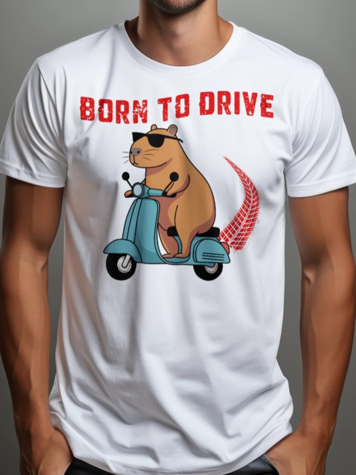 Prezent dla FANA MOTORYZACJI koszulka męska z kapibara na skuterze born to drive z imieniem personalizowana białaa