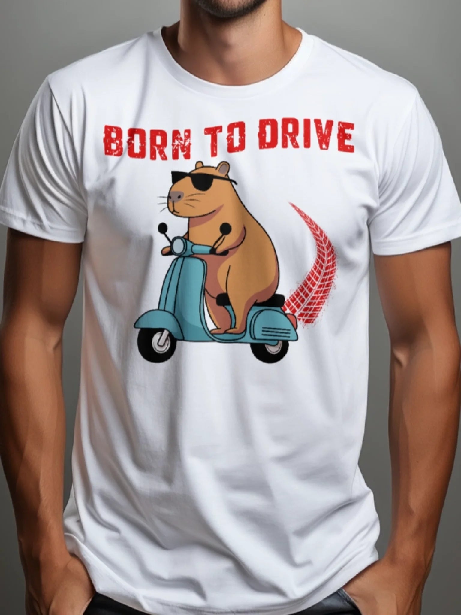 Prezent dla FANA MOTORYZACJI koszulka męska z kapibara na skuterze born to drive z imieniem personalizowana białaa
