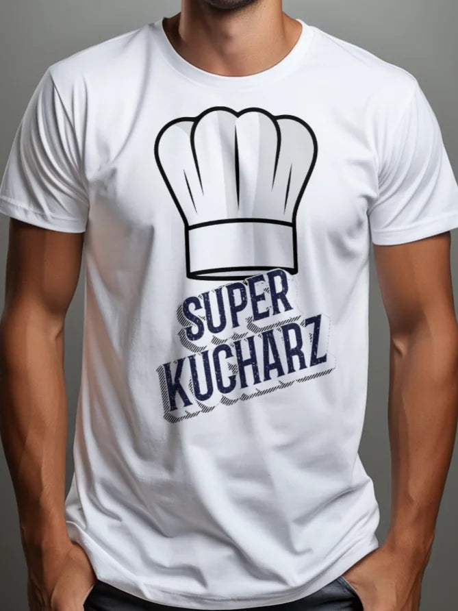 Prezent dla kucharza koszulka męska z nadrukiem super kucharz personalizowana z imieniem biała