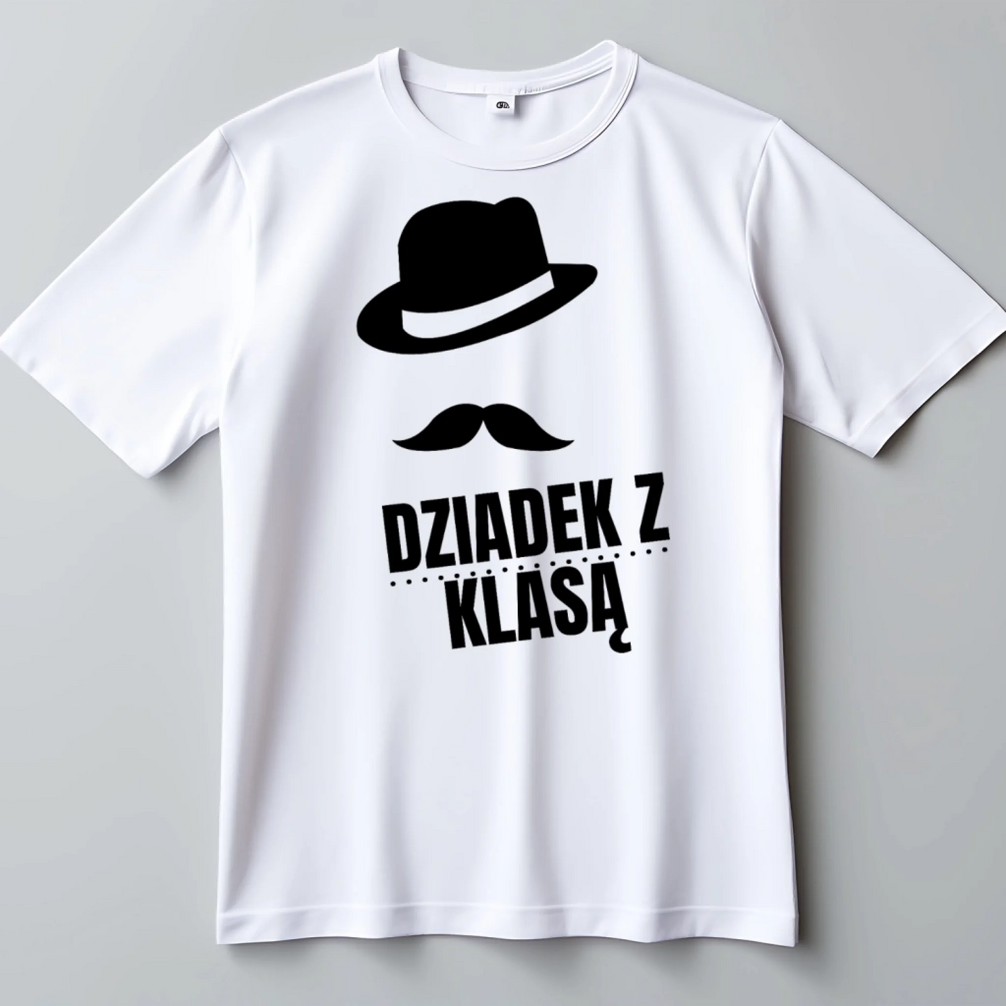 Prezent z okazji dnia dziadka koszulka z nadrukiem dziadek z klasą z kapeluszem i wąsem biały