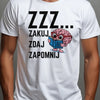 Prezent dla studenta śmieszna koszulka męska z nadrukiem ZZZ zakuj zdaj zapomnij z grafiką mózgu w okularach biała
