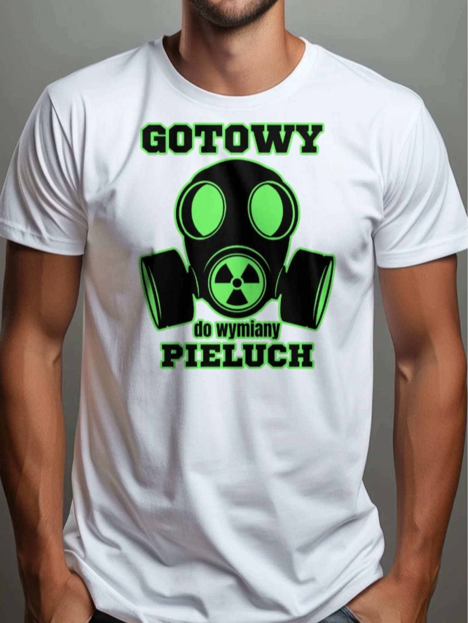 Koszulka męska z nadrukiem dla młodego Taty gotowy na wymianę pieluch dziecka z imieniem personalizowana biała