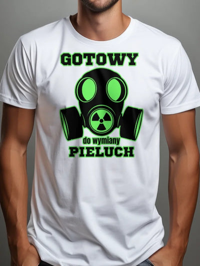 Koszulka męska z nadrukiem dla młodego Taty gotowy na wymianę pieluch dziecka z imieniem personalizowana biała