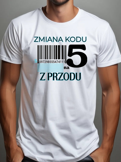 Koszulka na 50 urodziny męska zmiana kodu na 5 z przodu biała