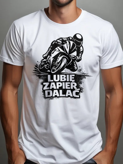 Prezent dla fana motoryzacji koszulka męska z nadrukiem Lubię zapie*dalać biała