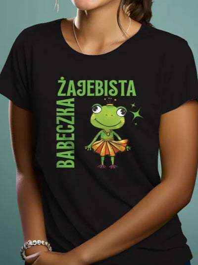 Prezent na dzień kobiet personalizowana koszulka z nadrukiem żaby i napisem żajebista babeczka czarna