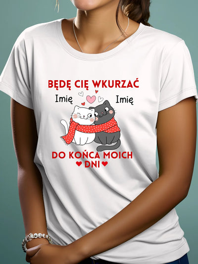 Prezent na walentynki personalizowana koszulka dla zakochanych z kotami biała
