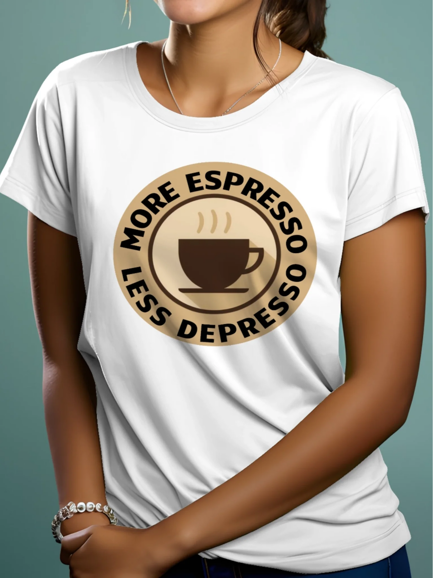 Prezent dla kawosza koszulka damska z nadrukiem more espresso less depresso biała