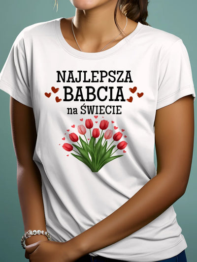 Prezent z okazji dnia babci koszulka z nadrukiem najlepsza babcia na świecie biała