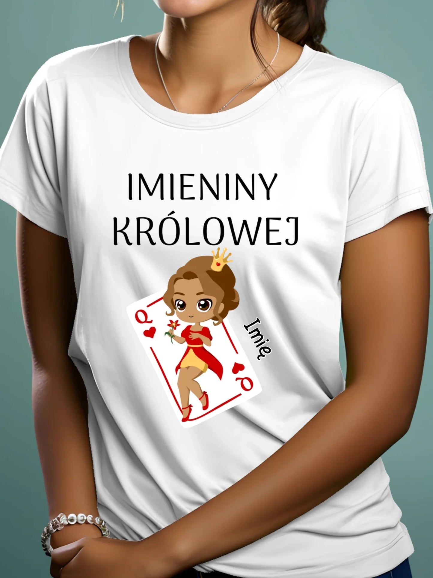 Prezent na imieniny koszulka damska z nadrukiem imieniny królowej z imieniem biała