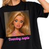 Koszulka damska oversize Barbie z niezadowoloną miną śmieszna na prezent czarna oversize 240 gramów