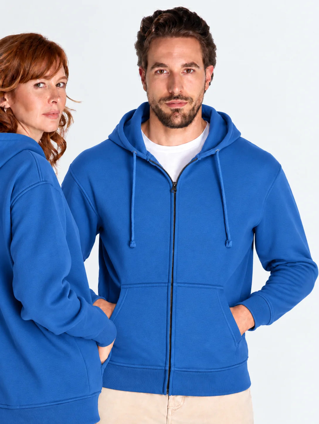 Bluza z własnym nadrukiem rozpinana z kapturem o gramaturze 290 gramów w kolorze niebieskim unisex męska damska odzież firmowa