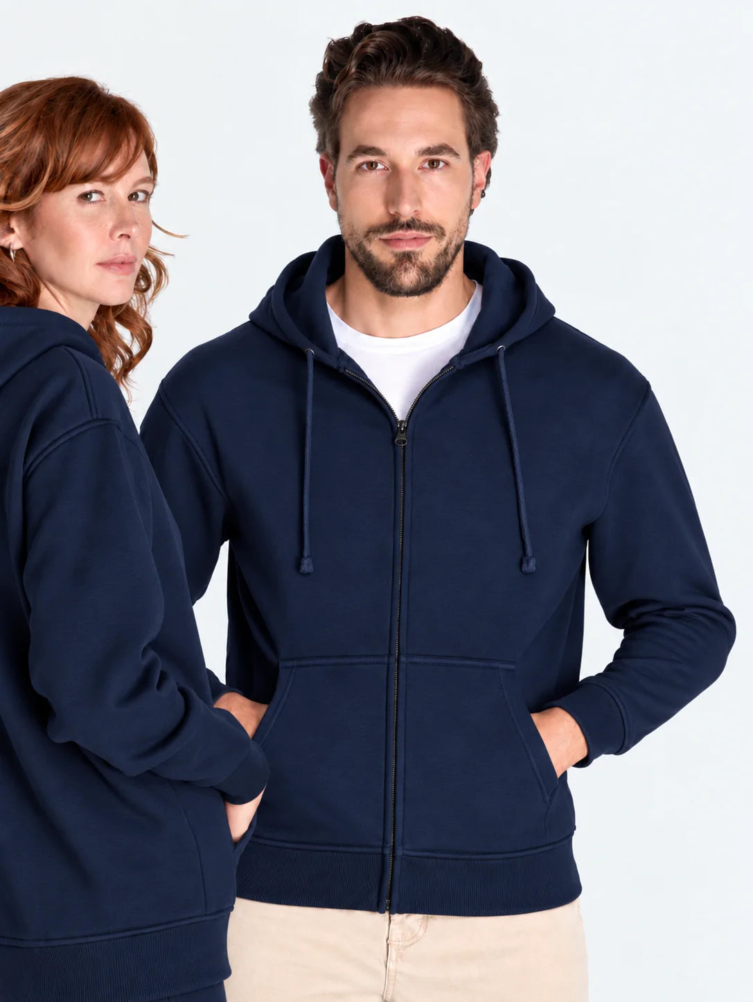 Bluza z własnym nadrukiem rozpinana z kapturem o gramaturze 290 gramów w kolorze Granatowym unisex męska damska odzież firmowa