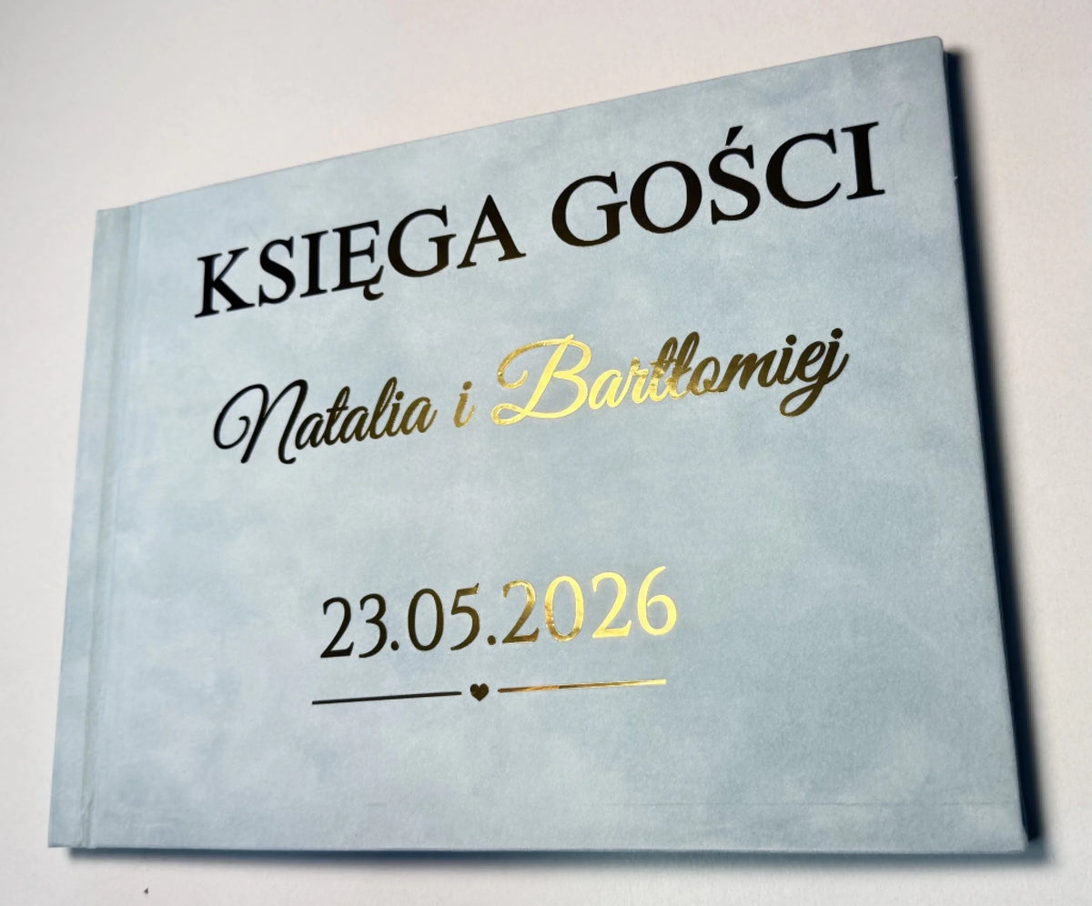 Księga gości weselnych welurowa w kolorze Morskim ze złotym lustrzanym napisem elegancka i personalizowana