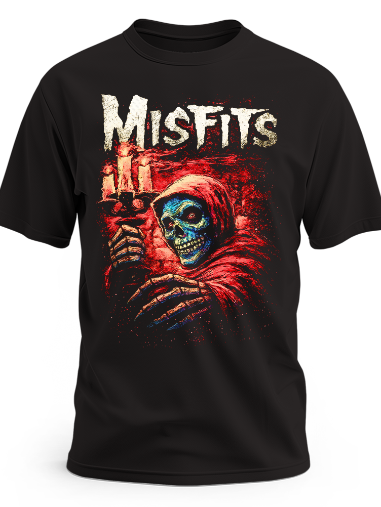 Czarna koszulka Misfits ze szkieletem w czerwonym kapturze trzymającym świecznik