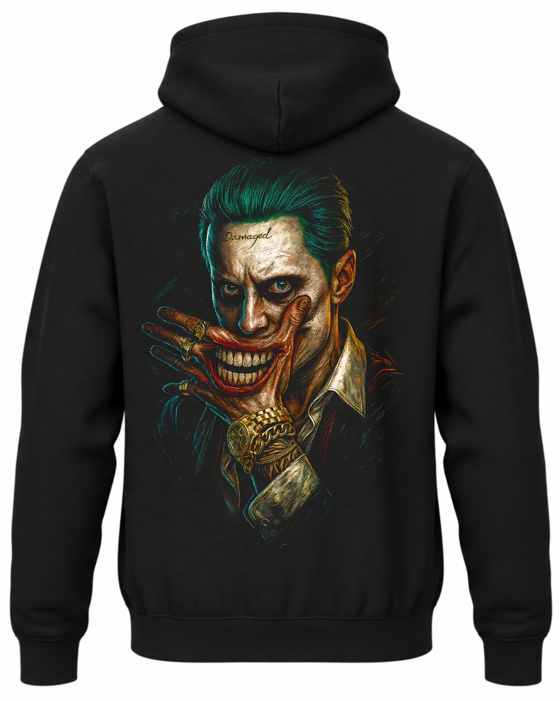 Czarna bluza z kapturem i nadrukiem na plecach: Joker – Legion samobójców