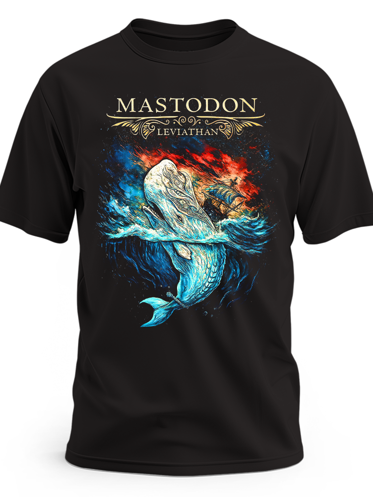 Czarna koszulka Mastodon z wielorybem w niebieskich falach i napisem Leviathan