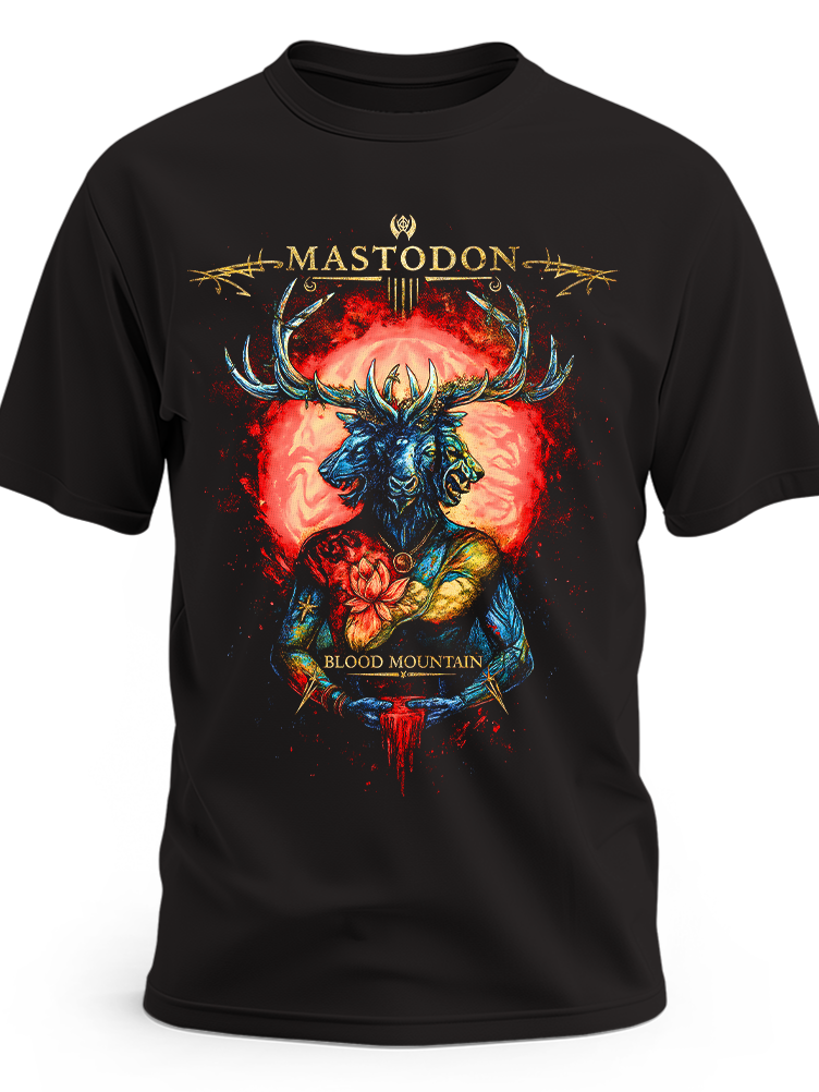 Czarna koszulka Mastodon z rogatą postacią i napisem Blood Mountain