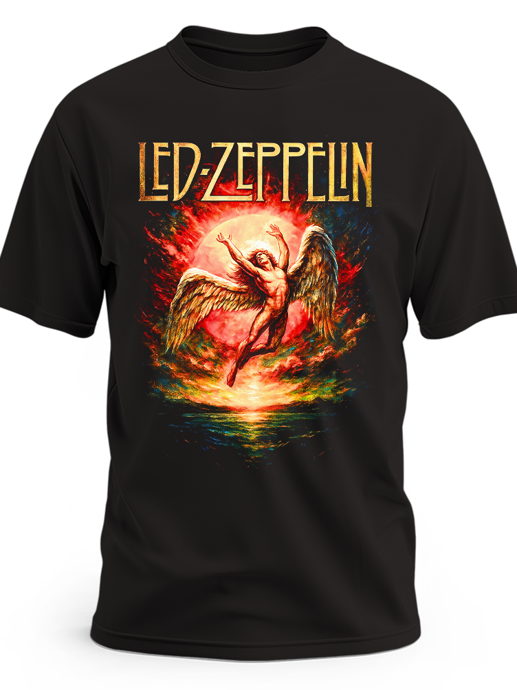Czarna koszulka Led Zeppelin ze skrzydlatym Ikarem na ognistym tle