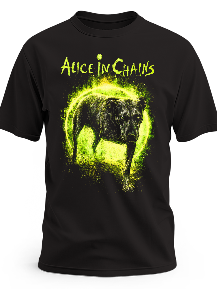 Czarna koszulka Alice in Chains z psem otoczonym zieloną poświatą