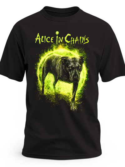 Czarna koszulka Alice in Chains z psem otoczonym zieloną poświatą