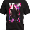 Czarna koszulka Pearl Jam z sylwetkami zespołu na różowym i niebieskim tle