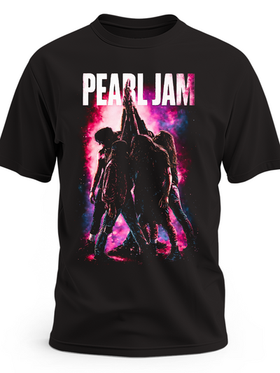 Czarna koszulka Pearl Jam z sylwetkami zespołu na różowym i niebieskim tle
