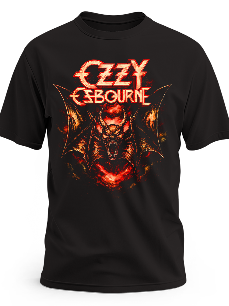 Czarna koszulka Ozzy Osbourne z nietoperzem w czerwonej ognistej poświacie
