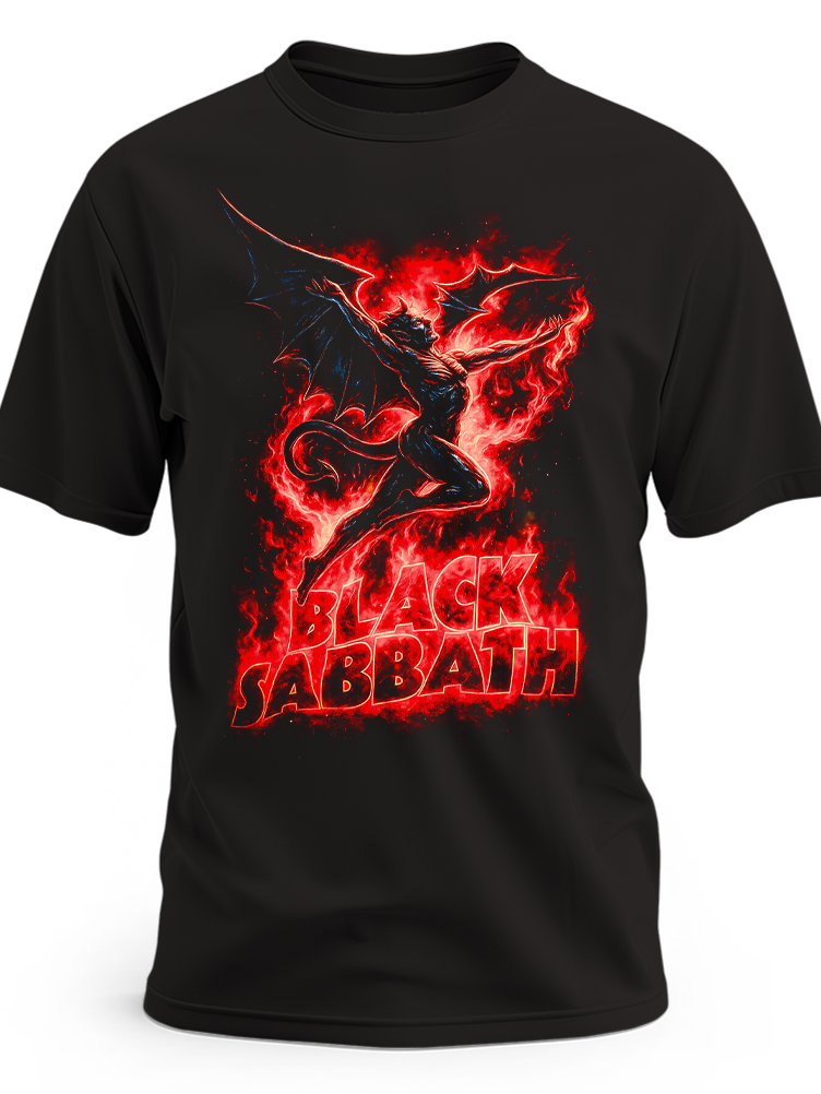 Czarna koszulka Black Sabbath ze skrzydlatym demonem w czerwonych płomieniach