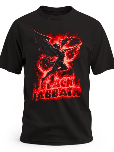 Czarna koszulka Black Sabbath ze skrzydlatym demonem w czerwonych płomieniach