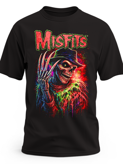 Czarna koszulka Misfits z kolorową czaszką w kapeluszu i metalowymi szponami