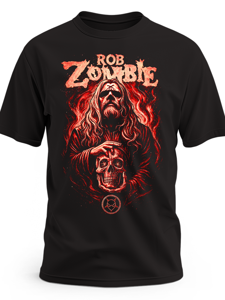 Czarna koszulka Rob Zombie z czerwonym portretem długowłosej postaci trzymającej czaszkę