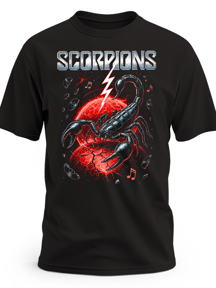 Czarna koszulka Scorpions ze skorpionem na czerwonym tle