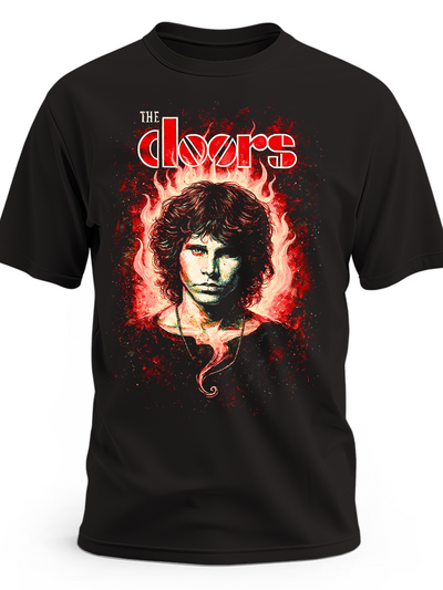Czarna koszulka The Doors z portretem i logo na tle czerwonej poświaty