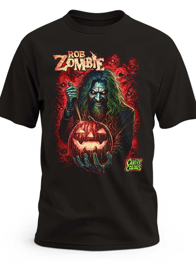Czarna koszulka Rob Zombie z zielonym potworem trzymającym halloweenową dynię