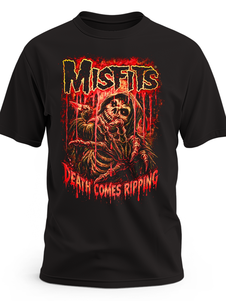 Czarna koszulka Misfits Death Comes Ripping z czerwonym szkieletem i napisem
