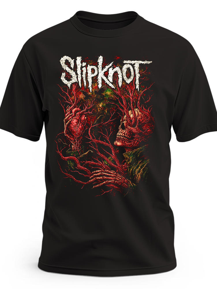 Czarna koszulka Slipknot z czerwonymi maskami, splątanymi dłońmi i białym logo