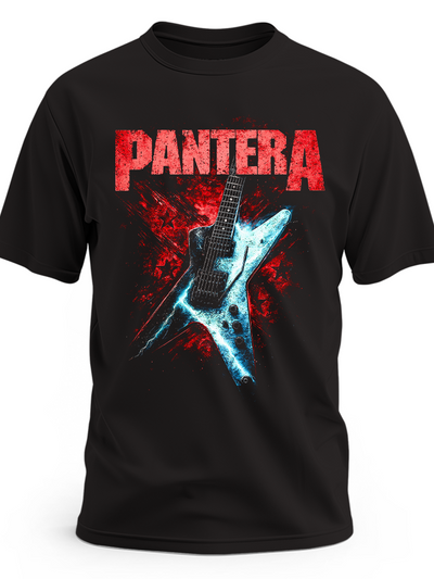 Czarna koszulka Pantera z niebieską gitarą elektryczną i czerwonym logo