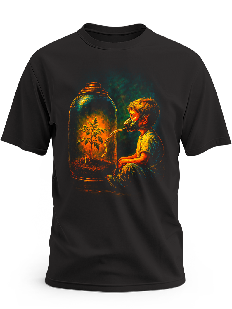 Czarna koszulka z artystycznym nadrukiem chłopca patrzącego na świetlistą scenę zamkniętą w butelce