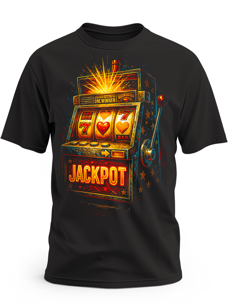 Czarna koszulka z artystycznym nadrukiem złotego automatu z siódemkami i sercem oraz napisem Jackpot