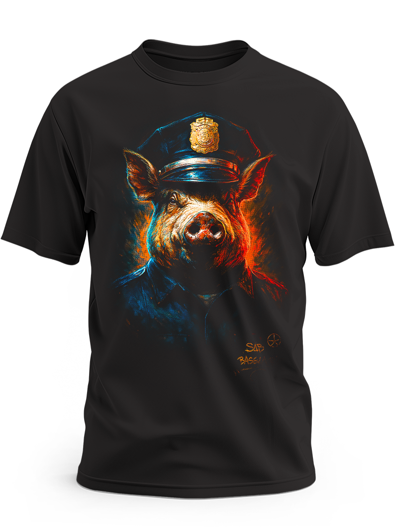 Czarna koszulka z artystycznym nadrukiem portretu świni w granatowej policyjnej czapce