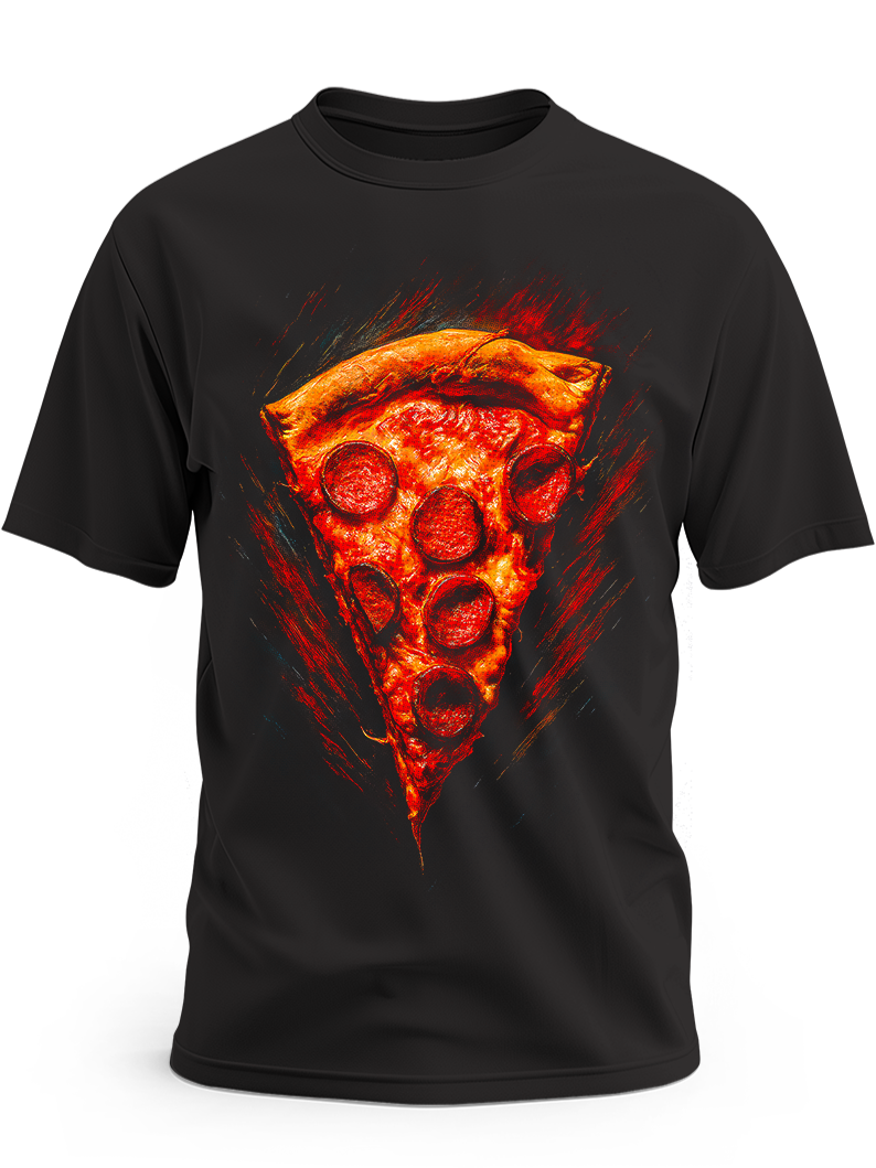 Czarna koszulka z artystycznym nadrukiem czerwonego kawałka pizzy z pepperoni w ognistej stylistyce