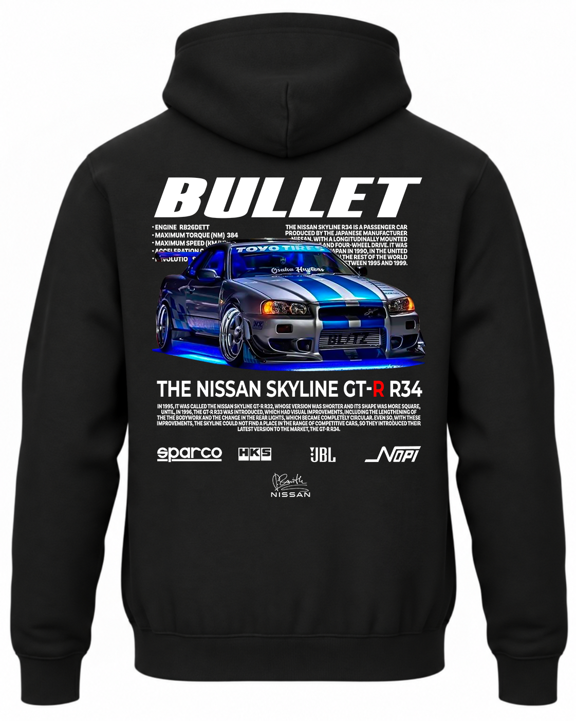 Czarna bluza z kapturem z nadrukiem Nissan Skyline R34 Bullet