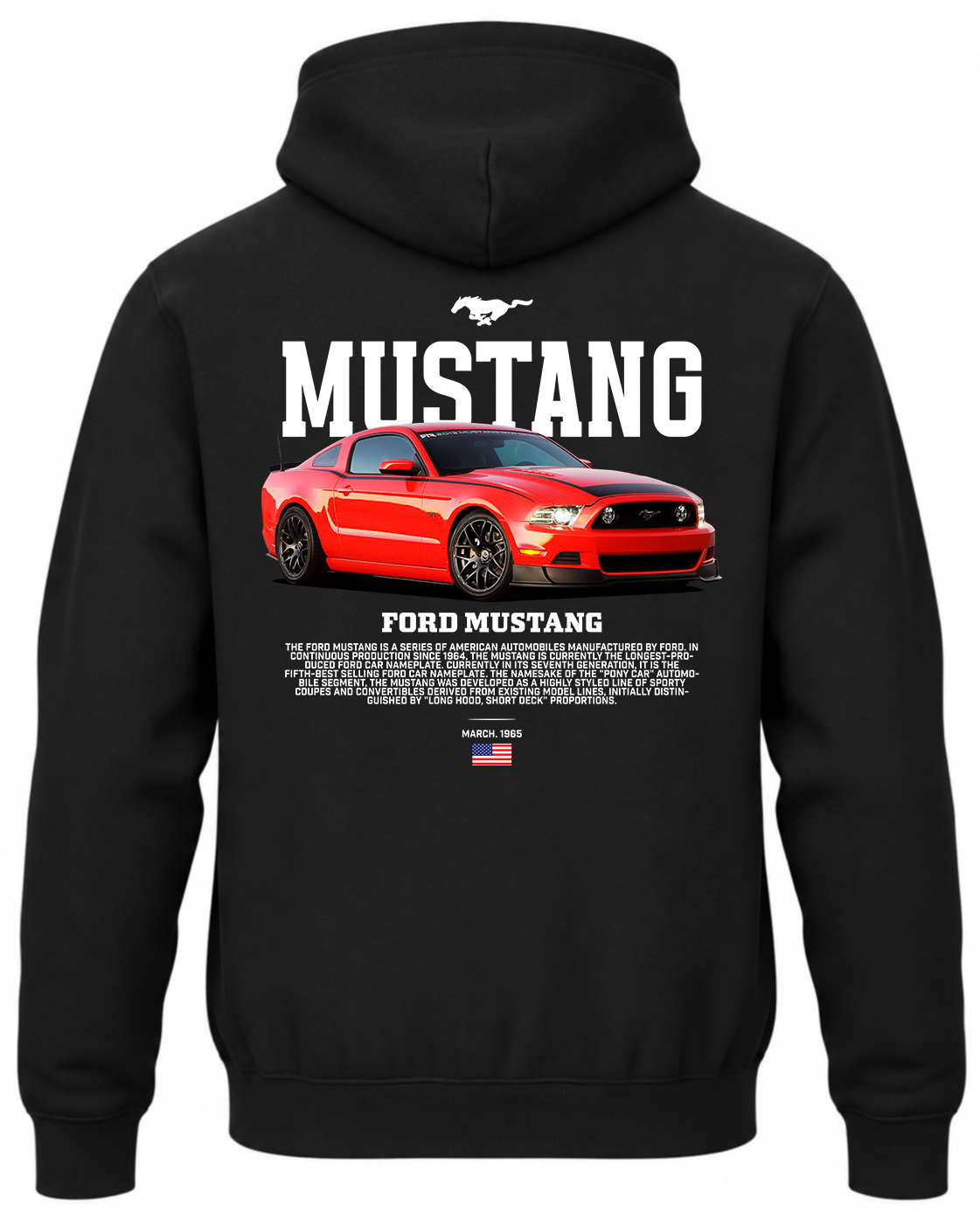 Czarna bluza z kapturem z nadrukiem czerwonego samochodu Ford Mustang