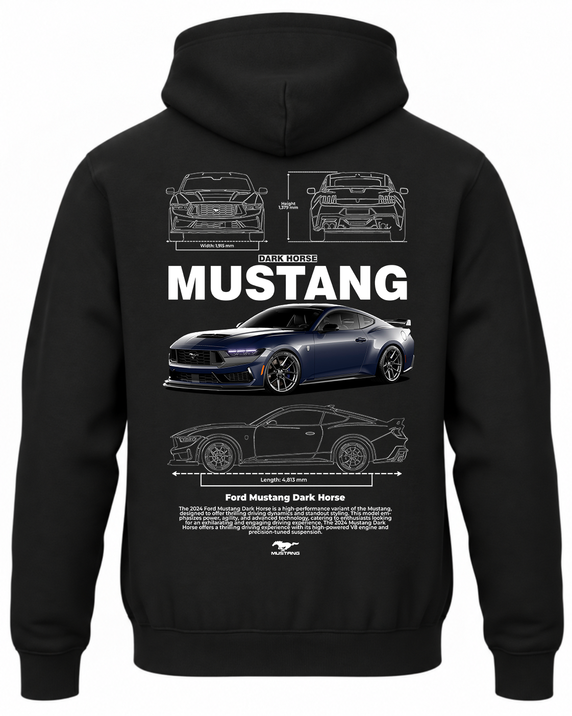 Czarna bluza z kapturem z nadrukiem samochodu Ford Mustang Dark Horse