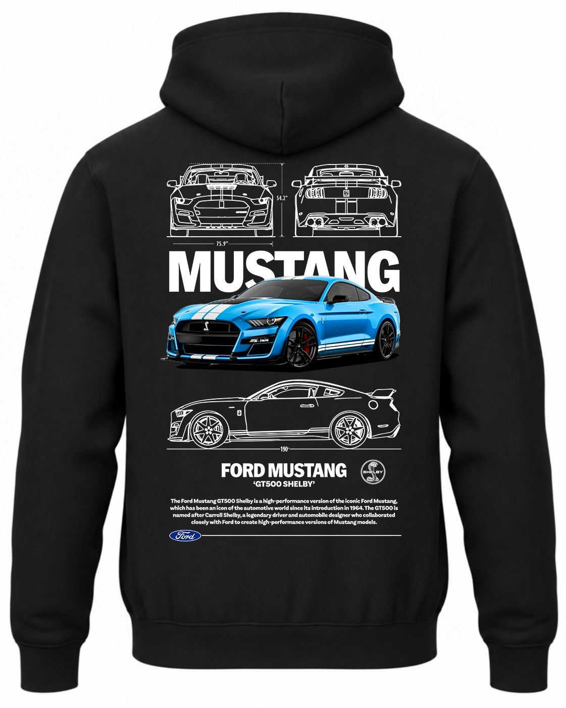 Czarna bluza z kapturem z nadrukiem samochodu Ford Mustang Shelby GT500