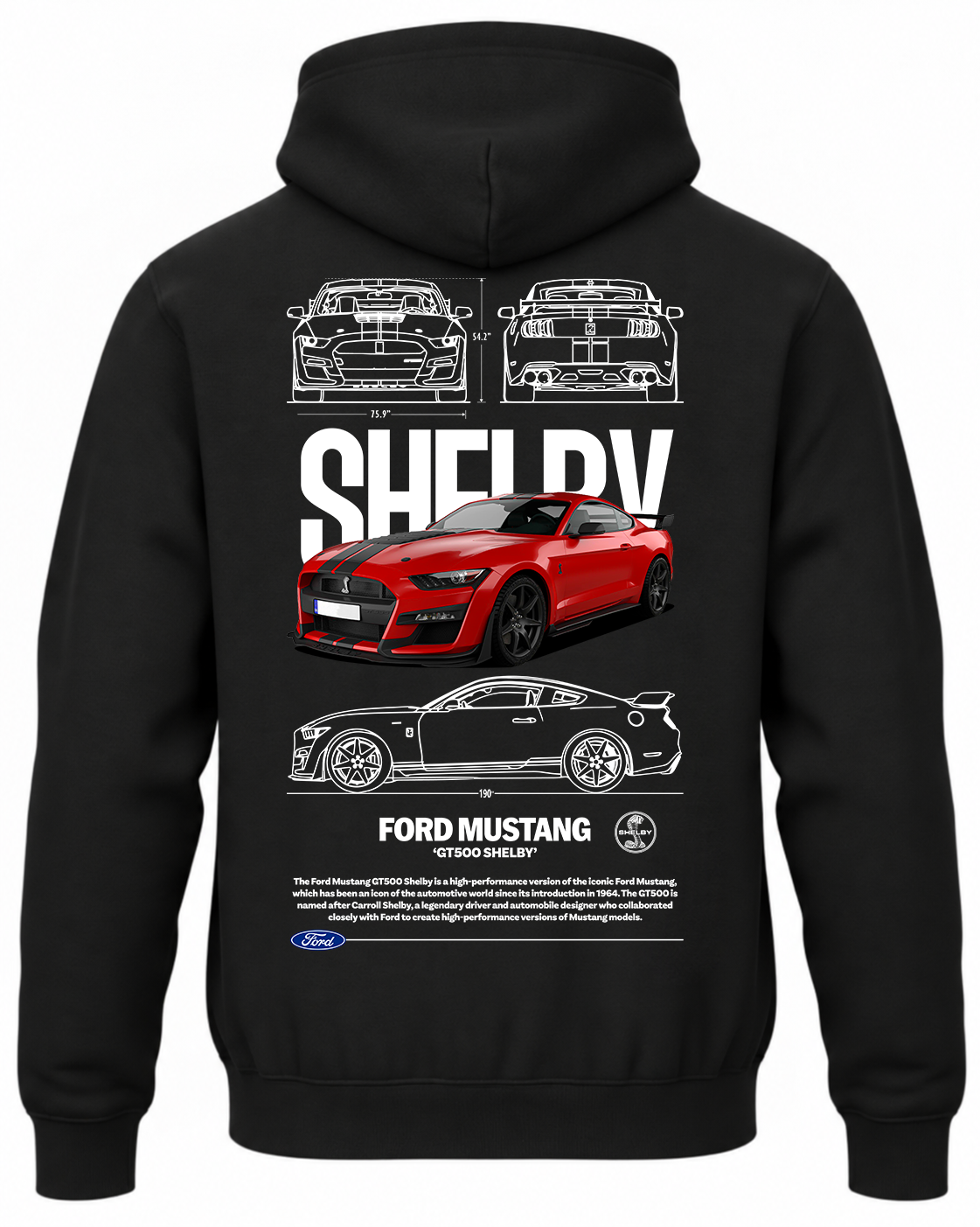 Czarna bluza z kapturem z nadrukiem czerwonego samochodu Ford Mustang Shelby