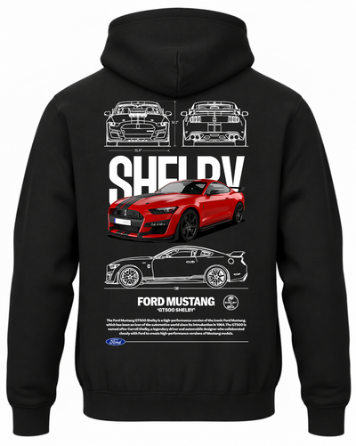 Czarna bluza z kapturem z nadrukiem czerwonego samochodu Ford Mustang Shelby