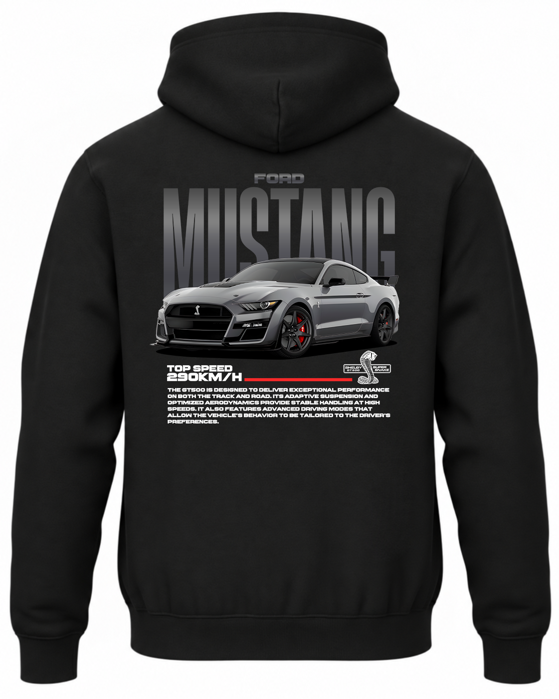Czarna bluza z kapturem z nadrukiem samochodu Ford Mustang Shelby