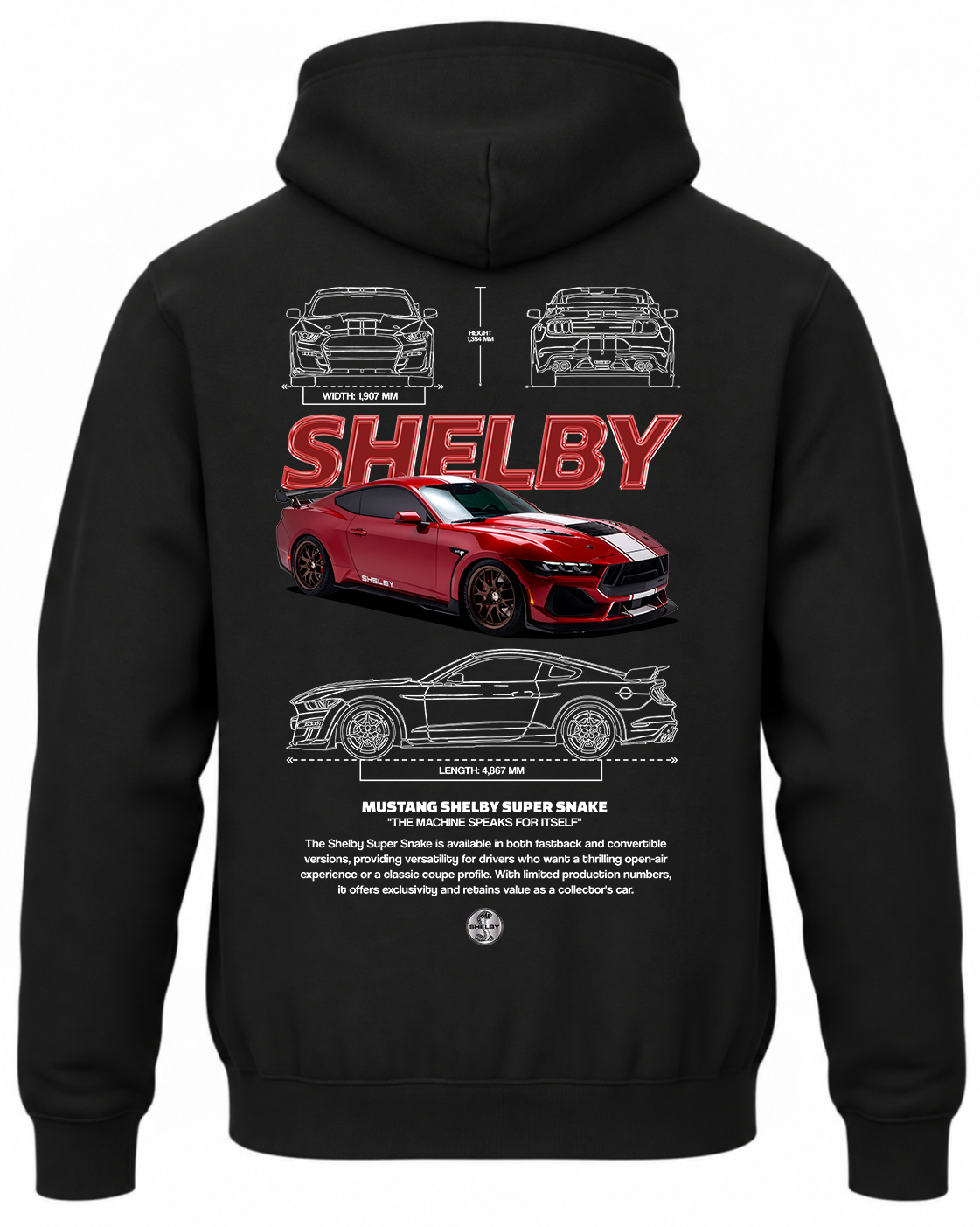 Czarna bluza z kapturem z nadrukiem sportowego samochodu Ford Mustang Shelby
